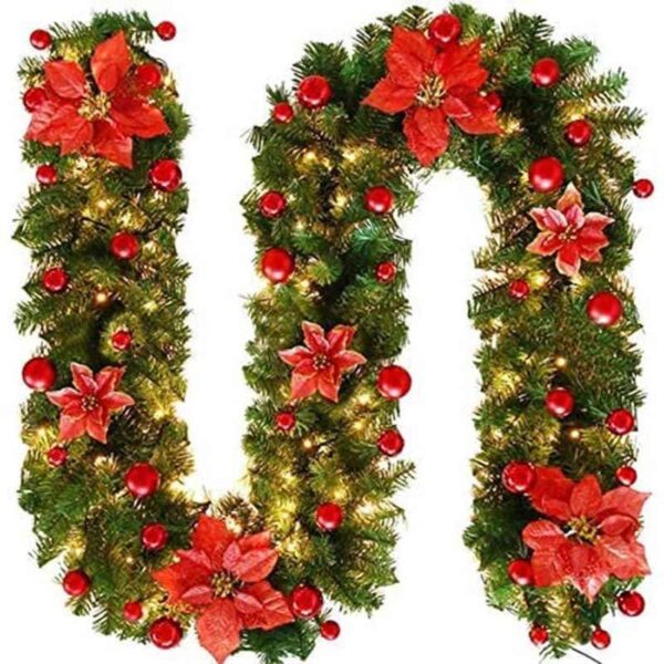 2.7M Christmas Garland With Lights Rattan Artificial Fireplace Wreath Stair Deco